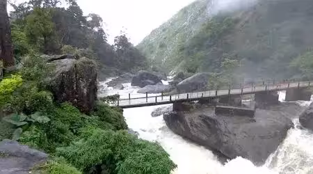 Munnar Tour - Scenic view of Attukad/Attukal Waterfall cascading down rocky cliffs, surrounded by lush green hills and misty landscapes in Munnar