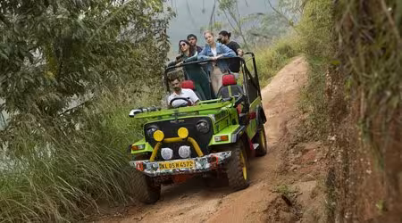 A thrilling jeep safari in Thekkady, navigating rugged trails through dense forests and exploring insider areas rich in wildlife and lush greenery