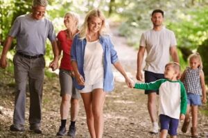 A family walking through a resort garden on a 8-day Kerala tour package
