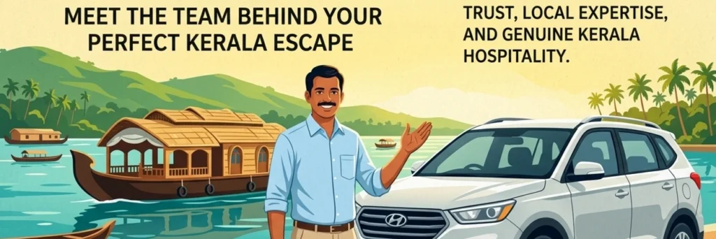 Illustrated Vinu Holidays local driver-guide with car and Kerala houseboat, welcoming travelers