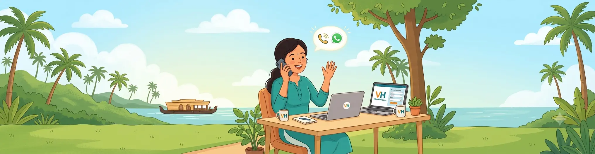 Friendly illustration welcoming visitors to contact Vinu Holidays for Kerala tour planning
