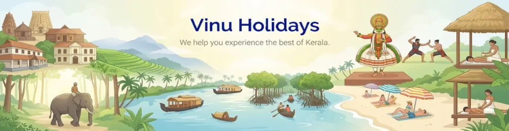 Illustrated scene of Kerala featuring backwater houseboats, an elephant, tea plantations, a Kathakali dancer, and a beach, representing Vinu Holidays tours