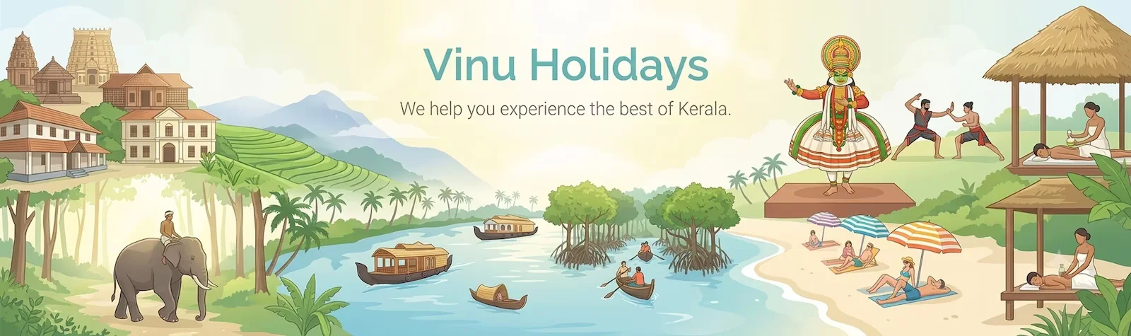 Custom Kerala tour illustration by Vinu Holidays showing backwaters, hill stations, Kathakali, and beach experiences.